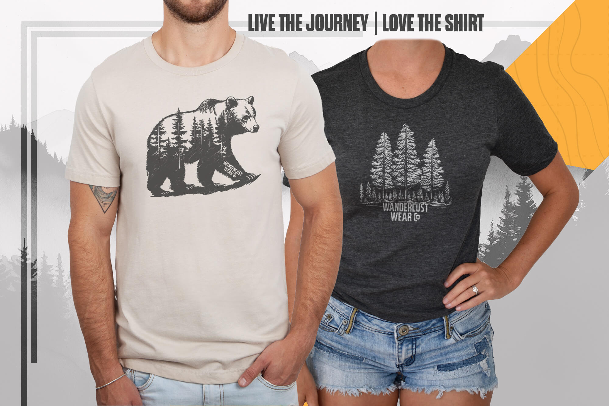 Two models wearing original graphic t-shirts from Wanderlust Wear Co.