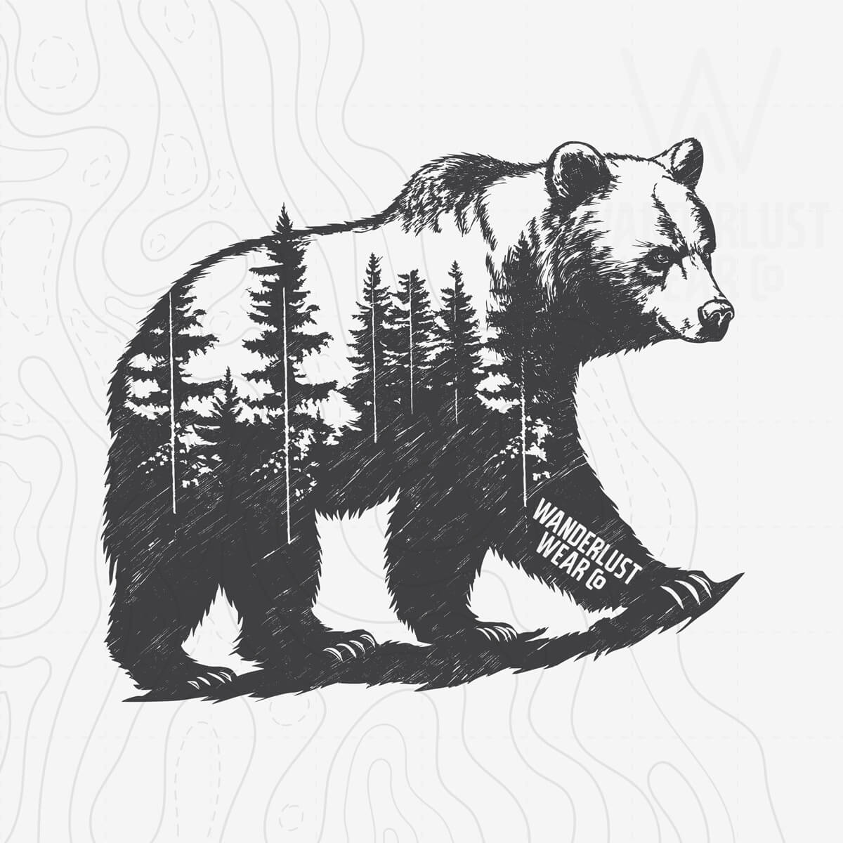 Close-up of Roam Wild Bear graphic tee design—hand-drawn bear silhouette filled with pine trees and Wanderlust Wear Co. branding