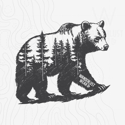 Close-up of Roam Wild Bear graphic tee design—hand-drawn bear silhouette filled with pine trees and Wanderlust Wear Co. branding