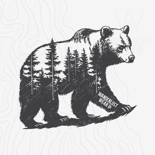 Close-up of Roam Wild Bear graphic tee design—hand-drawn bear silhouette filled with pine trees and Wanderlust Wear Co. branding