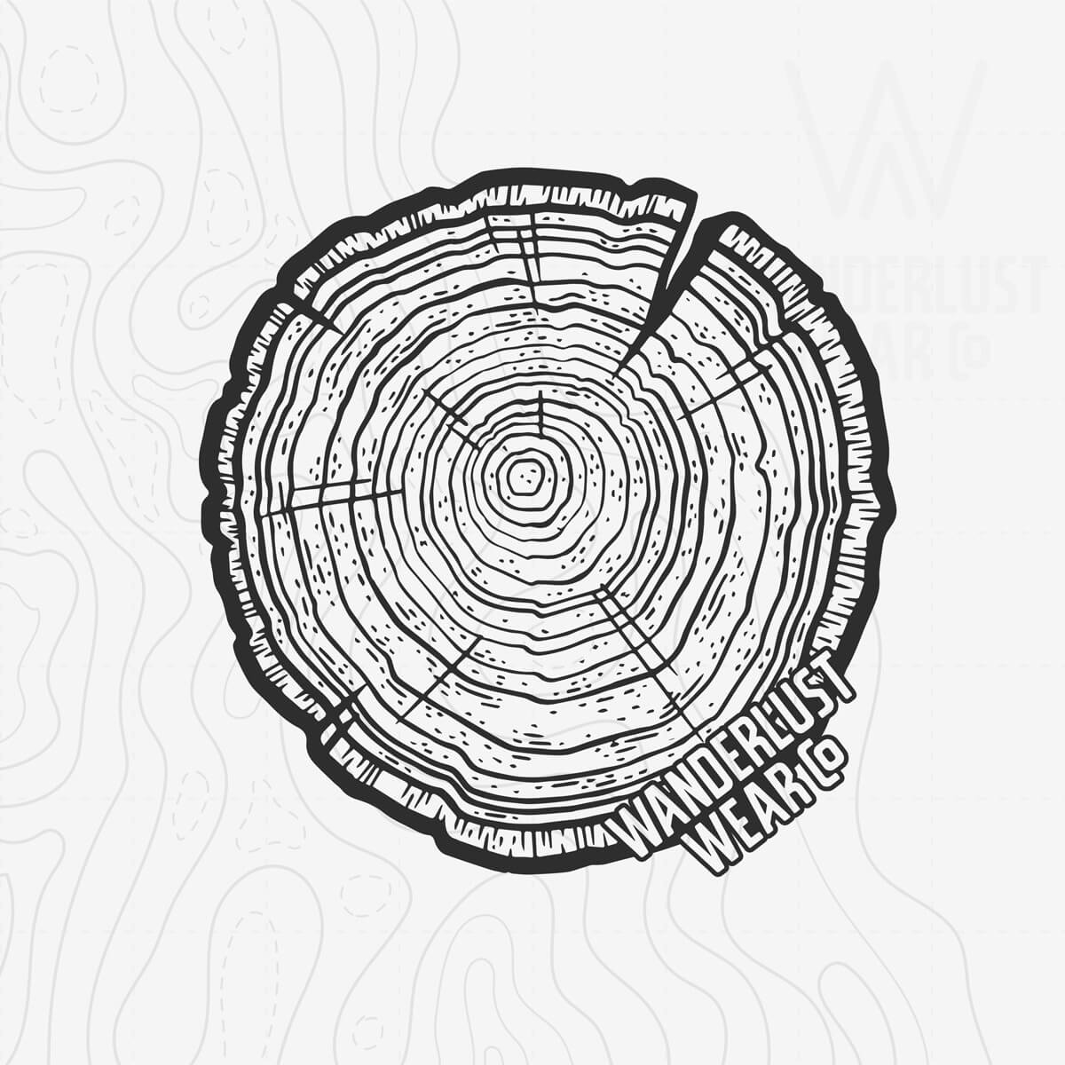 Close-up of Tree Rings Heritage graphic tee design featuring hand-drawn tree trunk cross-section with growth rings and Wanderlust Wear Co. branding